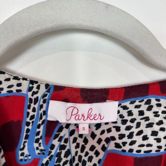 Parker Peplum Top Leopard Silk Small Red White Cheetah Print Ruffle Short Sleeve - Picture 14 of 14